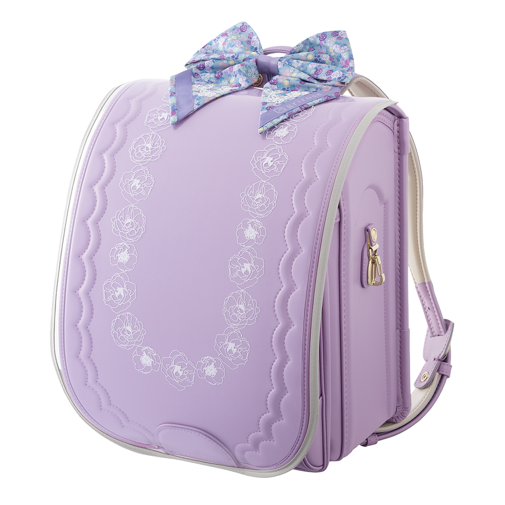 キャンディパープルにランドセルカバーのクリアグレーとリボンのミント装着