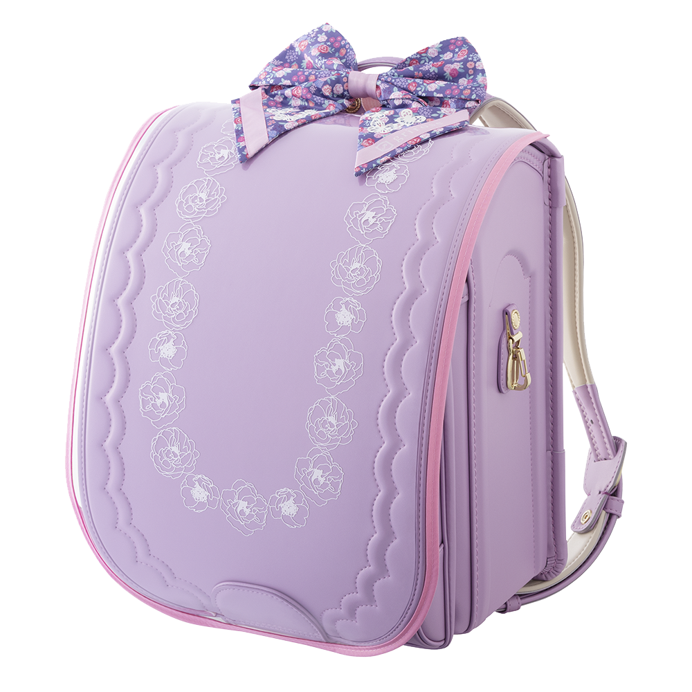 キャンディパープルにランドセルカバーのクリアピンクとリボンのパープル装着