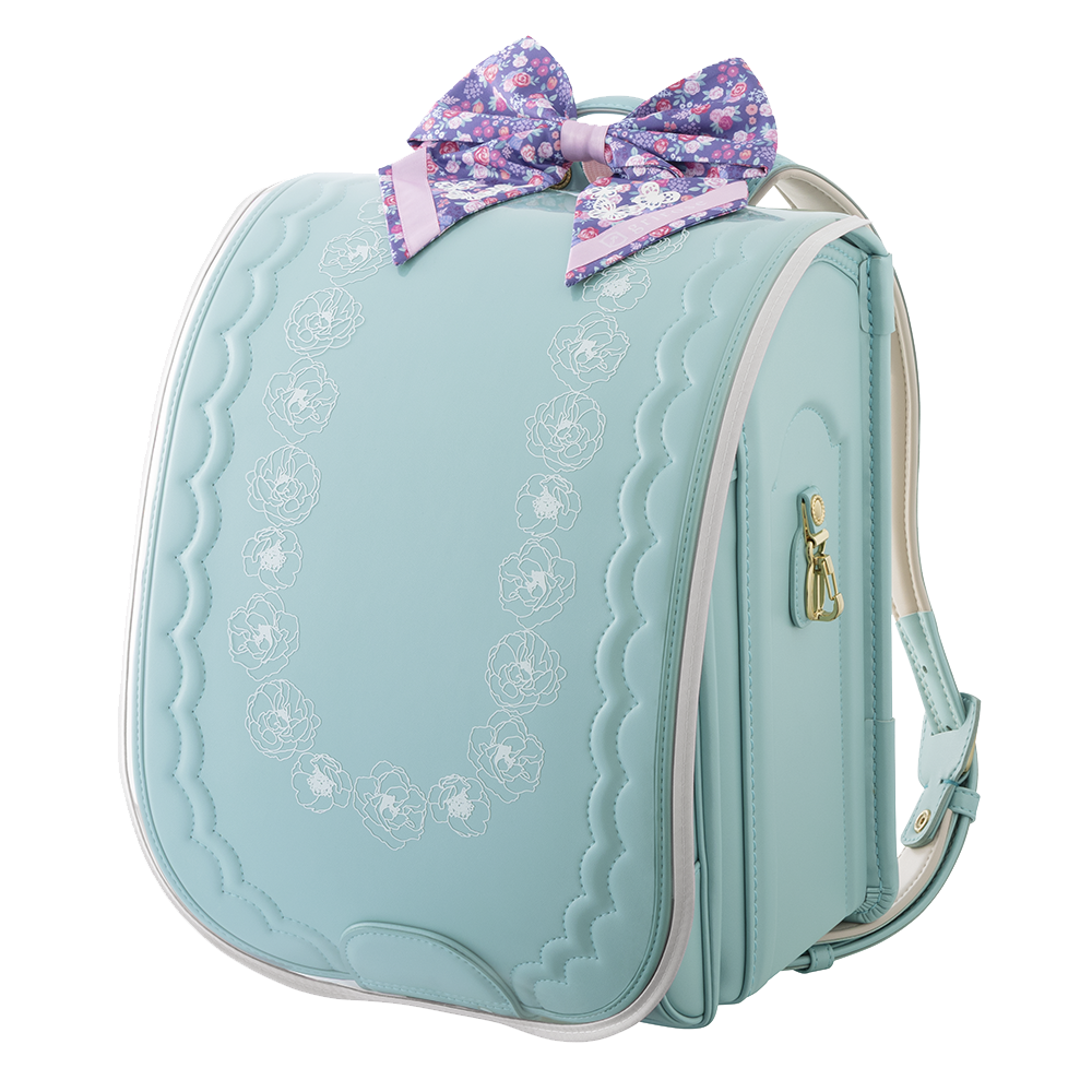 マーメイドミントにランドセルカバーのクリアグレーとリボンのパープル装着