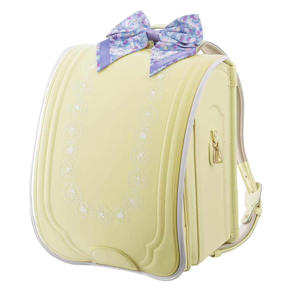 パステルシトロンにランドセルカバーのクリアグレーとリボンのミント装着