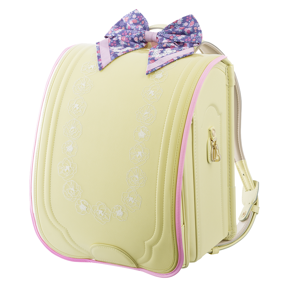 パステルシトロンにランドセルカバーのクリアピンクとリボンのパープル装着
