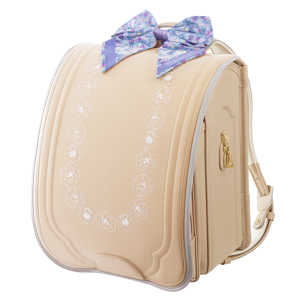シルキーベージュにランドセルカバーのクリアグレーとリボンのミント装着